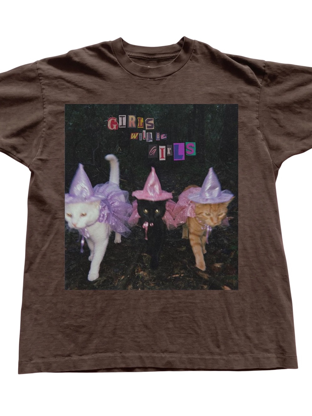 Gildan Brown Tee with Colorful Cat Graphic